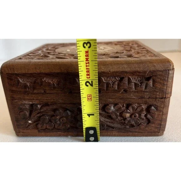 VTG Hand Carved Wooden Box Mother Pearl Inlay Trinket Hinged Lid 5”X5”X2.5” - Picture 13 of 13